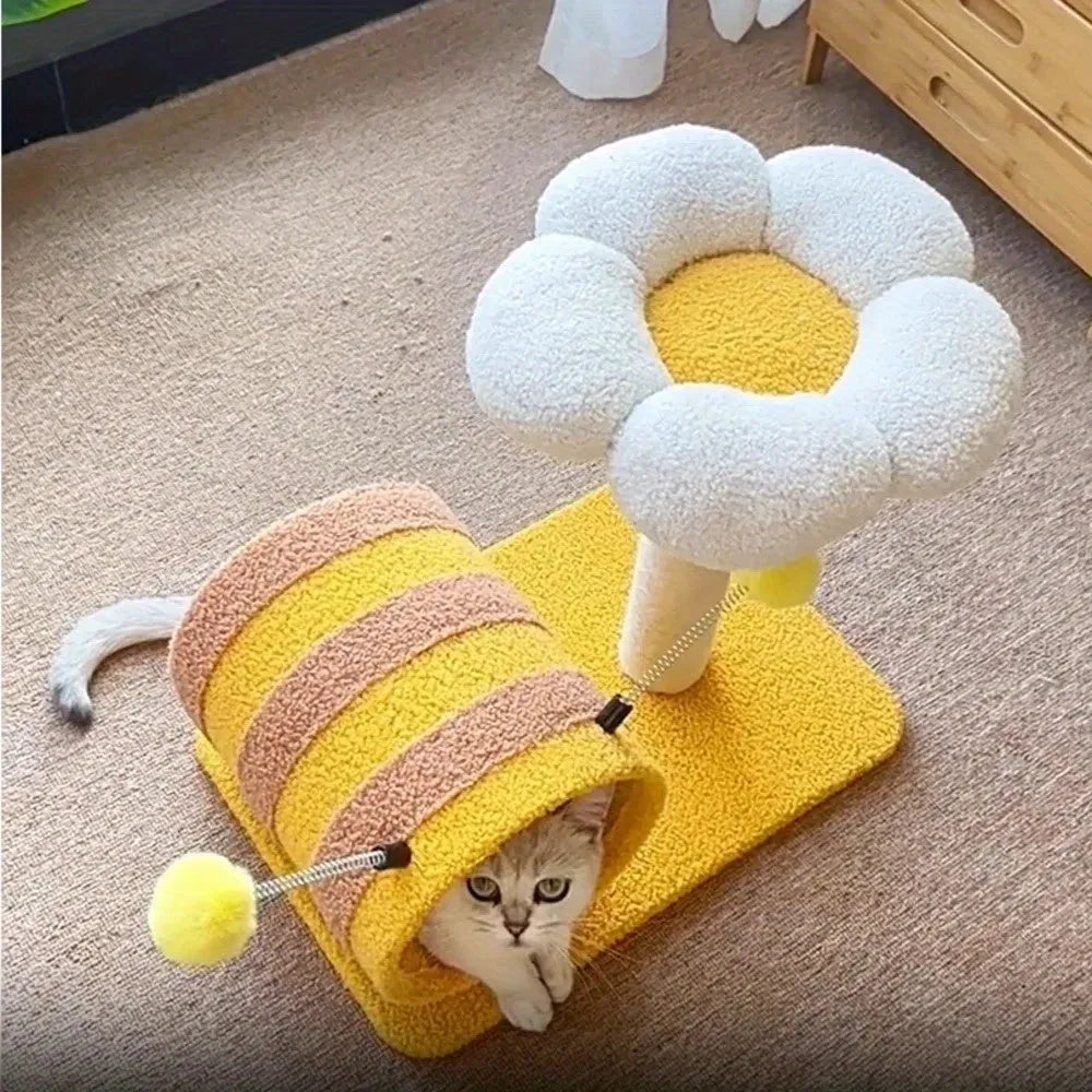 Yellow sisal cat scratching board with climbing frame and integrated tunnel, measuring 46cm by 36cm by 25cm