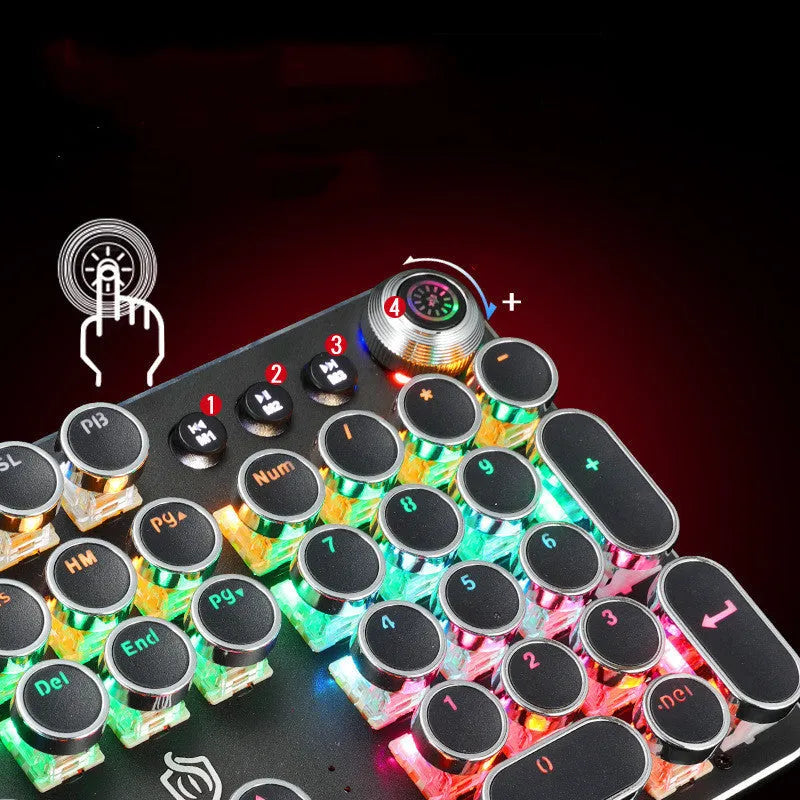 Retro punk electroplated knob mechanical keyboard with 104 keys, USB wired connection and seven-colour backlight in black or white