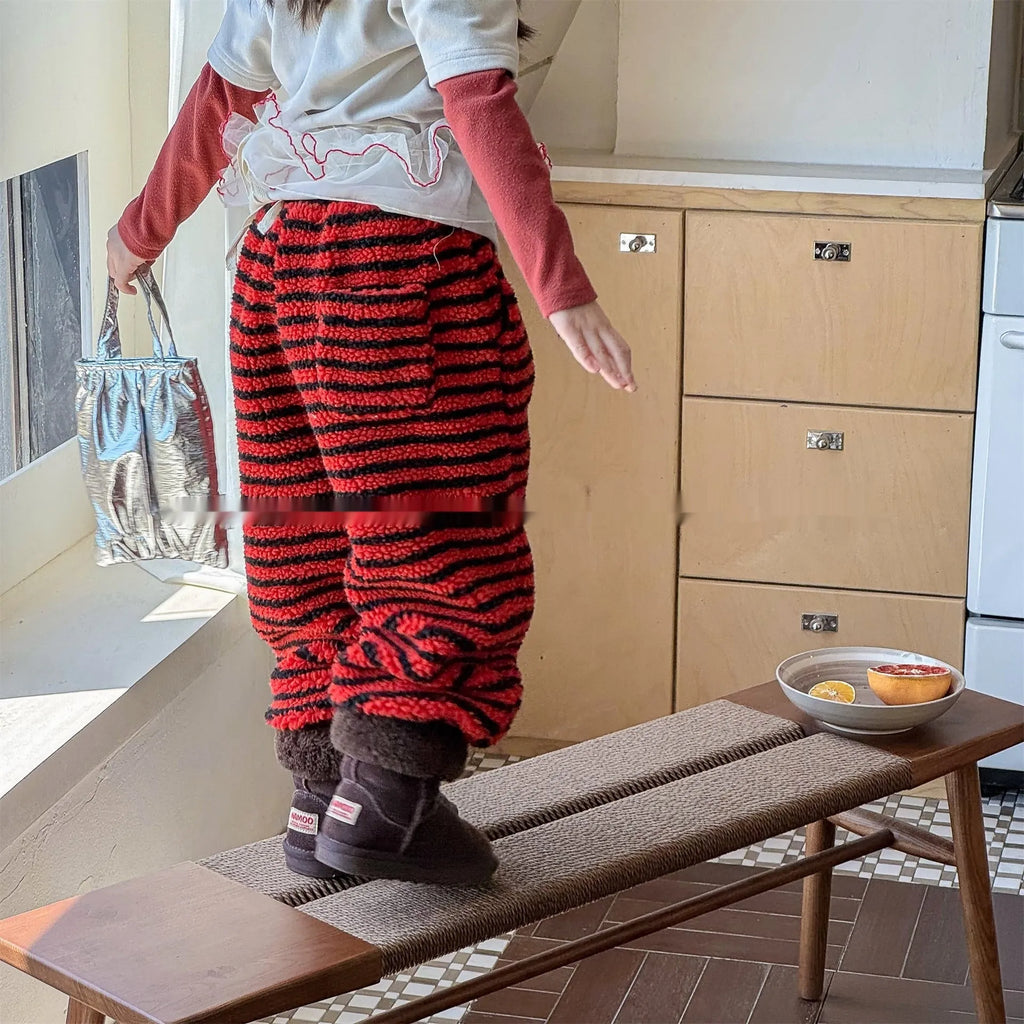 Children's unisex fleece-lined high-waist harem pants in creamy blue stripes with elastic waistband for winter