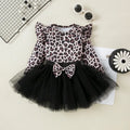 Baby girls' leopard print flounced sleeve mesh dress set long sleeve pullover pink black