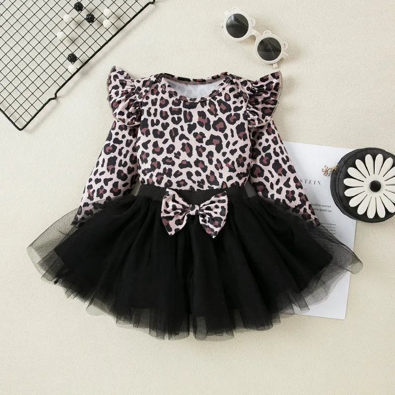 Baby girls' leopard print flounced sleeve mesh dress set long sleeve pullover pink black