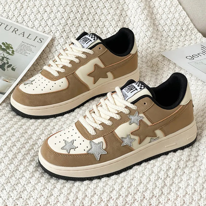 Unisex couple board shoes in beige, low top, breathable mesh lining and PU sole