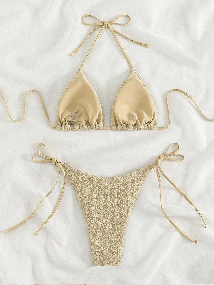 Women's high waist bikini with lace-up front in khaki, blue, pink or black colours