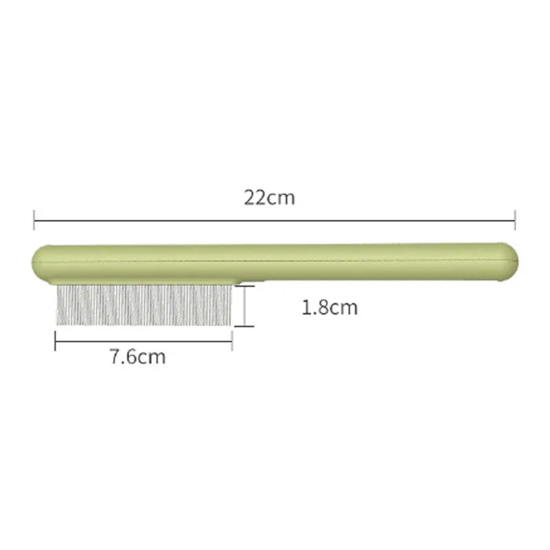Stainless steel cat grooming comb with rounded teeth and ergonomic handle in green colour