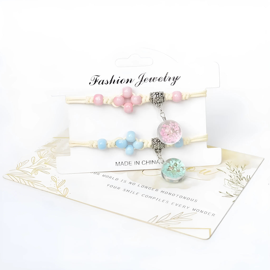 Glass dried flower bracelet with hand-woven beads containing real preserved flowers in various colours