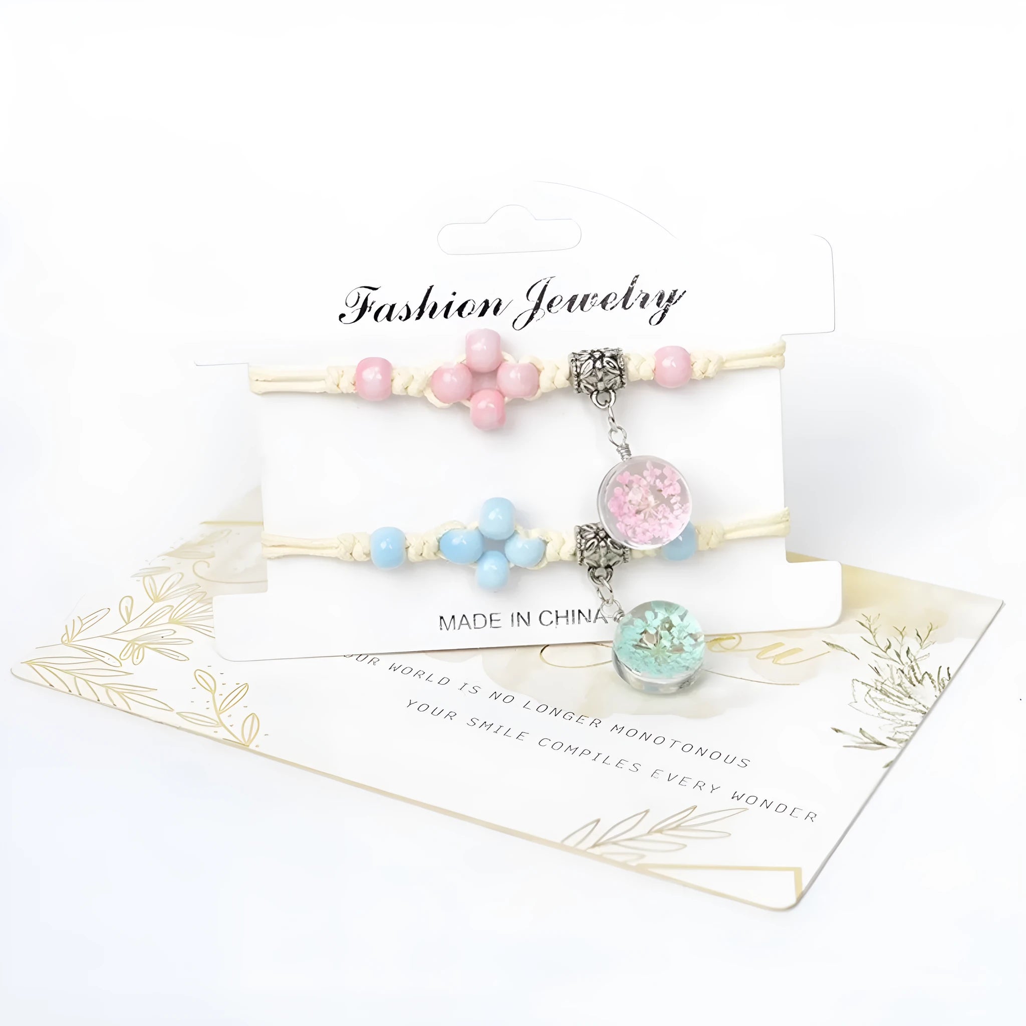 Glass dried flower bracelet with hand-woven beads containing real preserved flowers in various colours