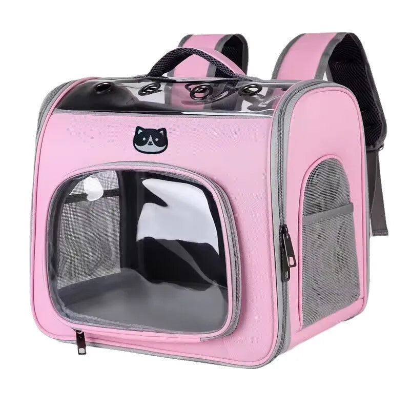 Portable transparent hard shell pet bag in blue, 35L capacity, polyester build for cats and dogs