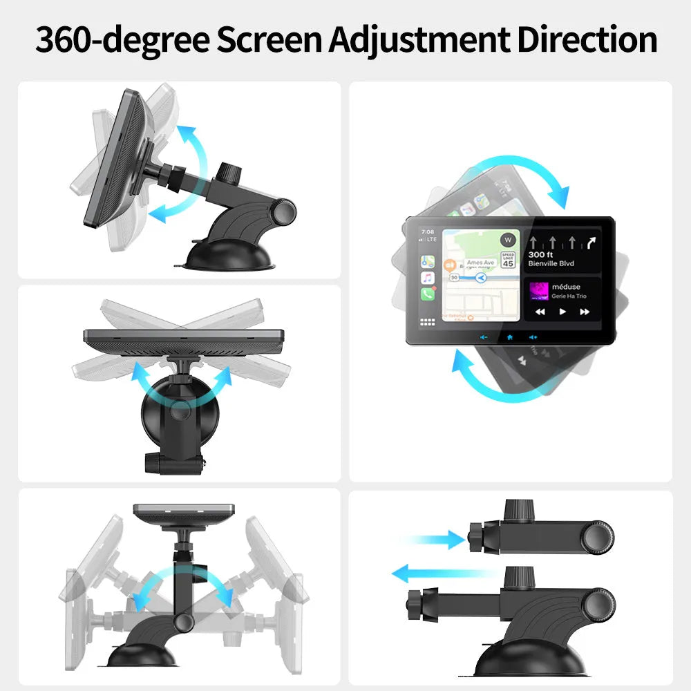 7 inch car wireless CarPlay display with suction cup mount and cigarette lighter power cable