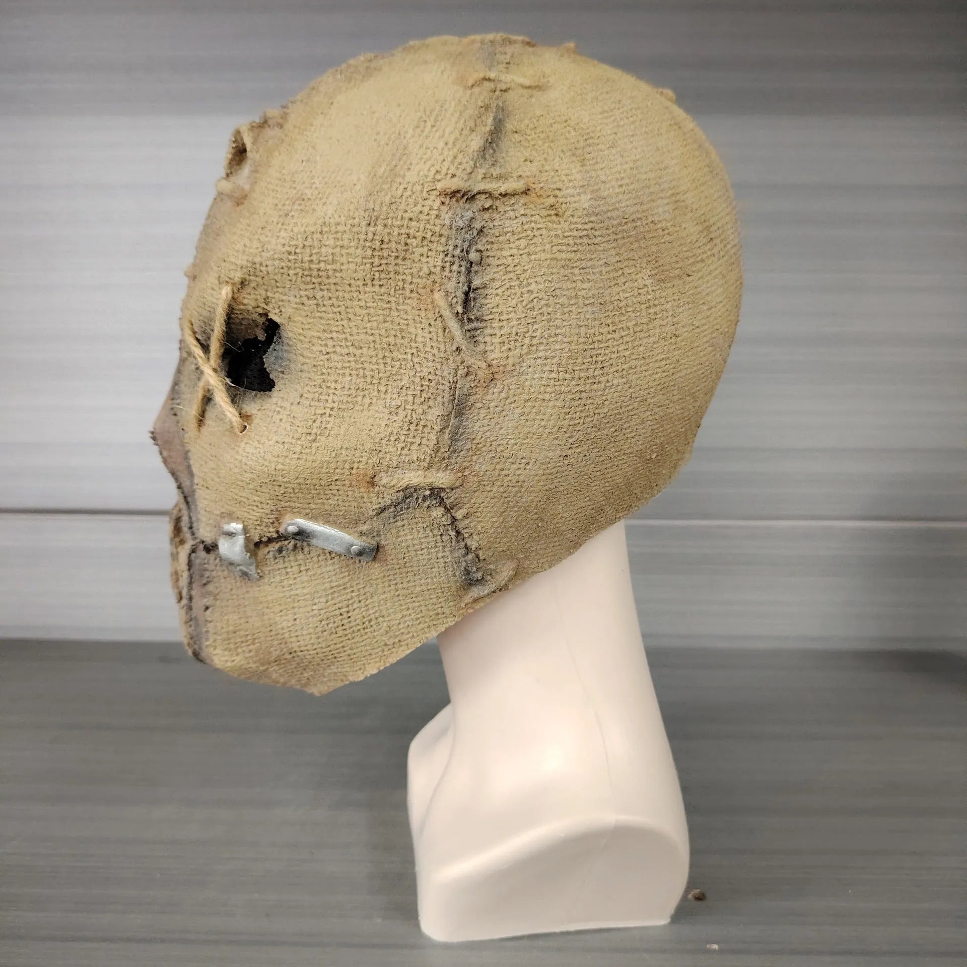Latex scar skull horror mask head cover showing full-head coverage with detailed scarring