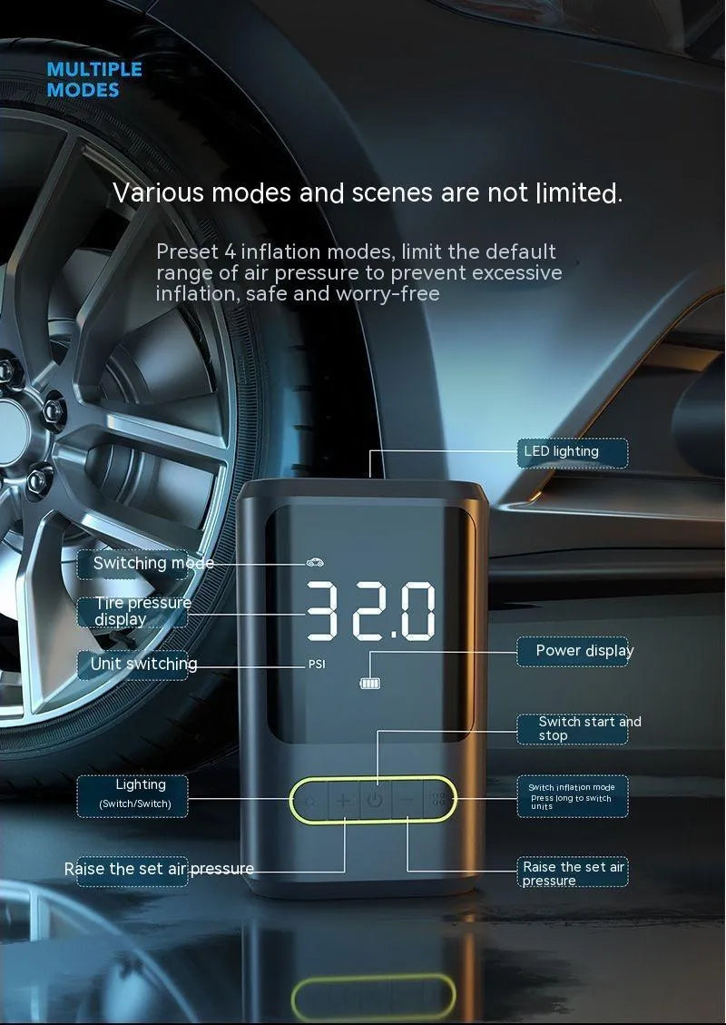 Handheld digital display wireless car tyre inflator with LED light showing pressure reading