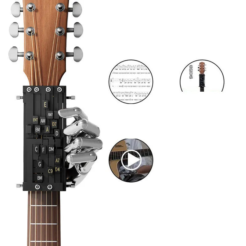 Black automatic guitar chord changing device for folk music beginners on a guitar neck.