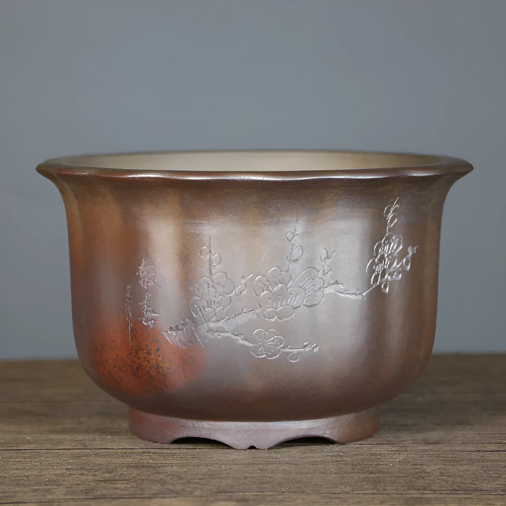 Indoor antique carved ceramic flower pot with purple sand finish in S1696 firewood colour