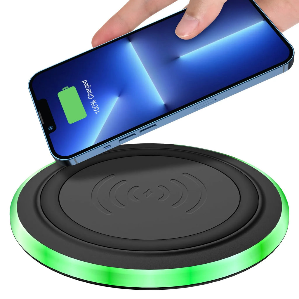 Ultra-thin round 10W desktop wireless phone charger in white, with Type-C port, shown on a desk surface