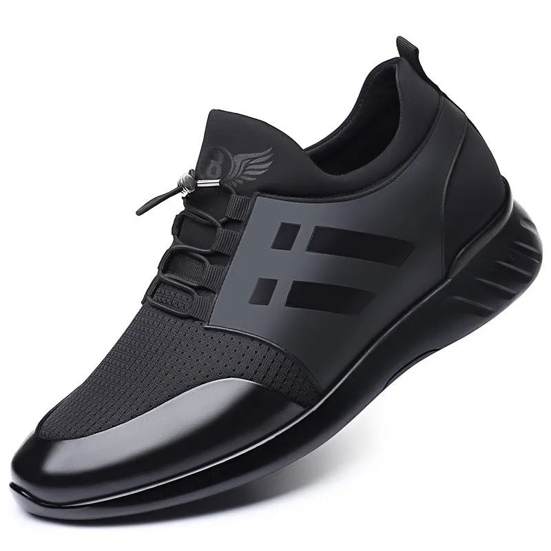 Men's black casual shoes with concealed height increase platform in leather, Lycra or mesh options