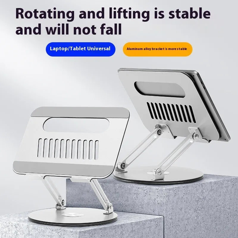 Silver aluminium alloy laptop stand with height adjustment and foldable design on desktop