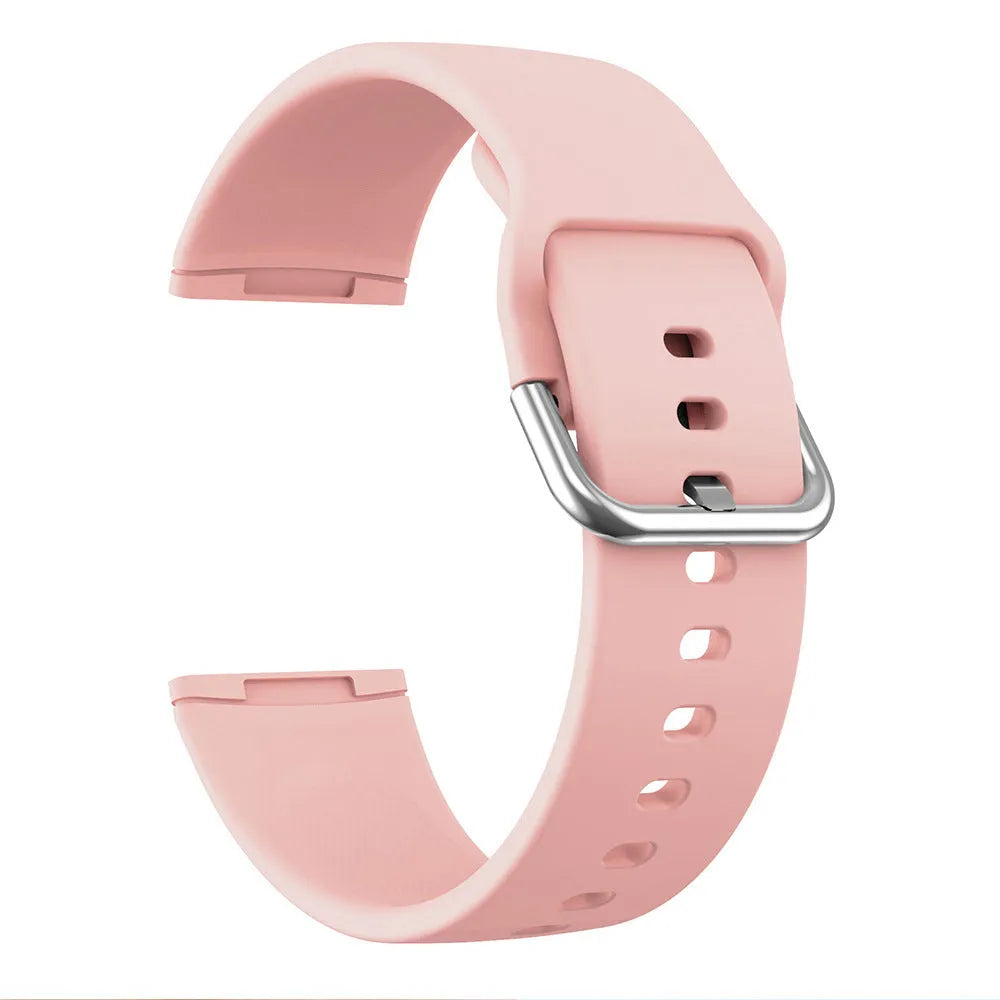 Silicone replacement strap for Fitbit Versa 3 and Sense 2 in multiple colours with silver buckle.