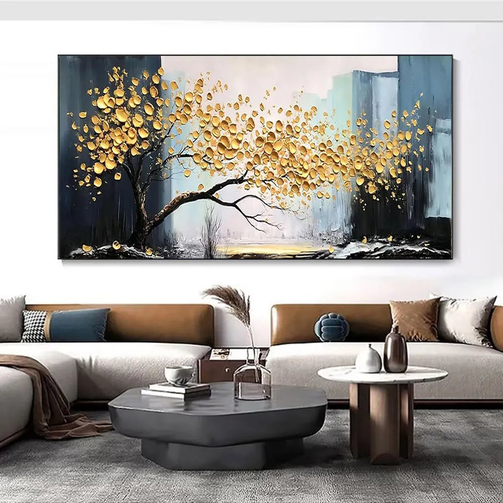 Large handmade oil painting on canvas of a golden tree still life, unframed horizontal single panel for modern wall decor