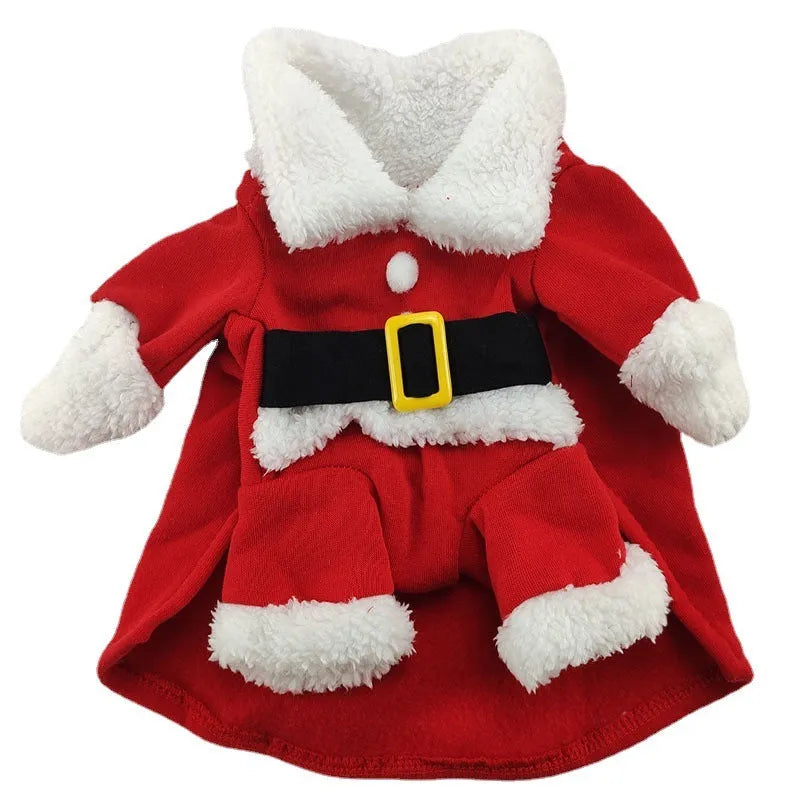 Red Christmas pet costume with cap for small dogs, polyester cartoon style, sizes XS to XL