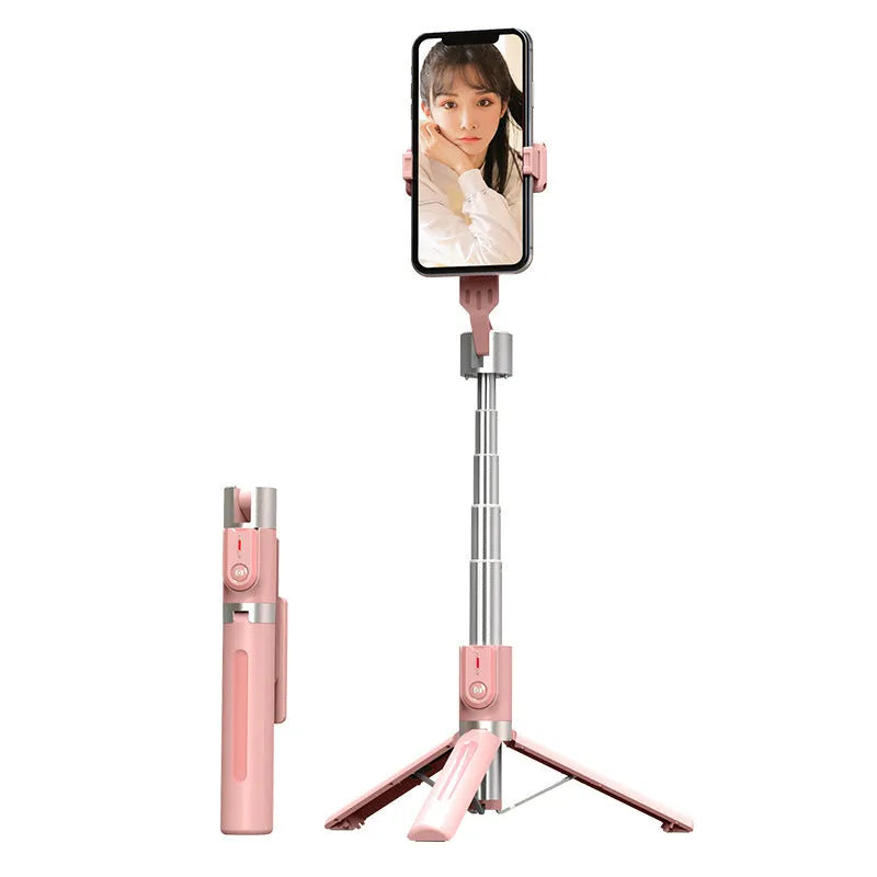 Bluetooth selfie stick with double fill light extended, aluminium alloy pipe, black finish, on a desktop