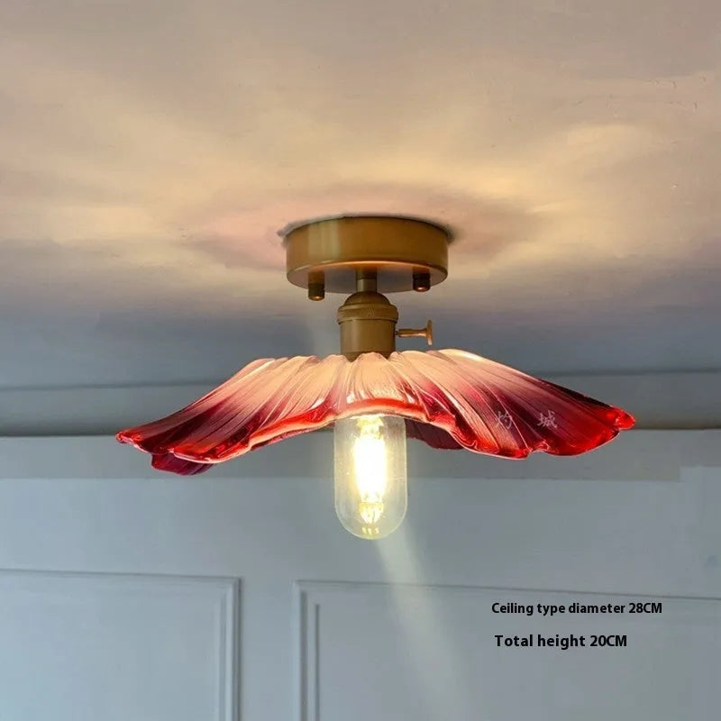 Nordic-style lotus leaf shaped glass lampshade LED light with iron body, shown as ceiling and pendant light.