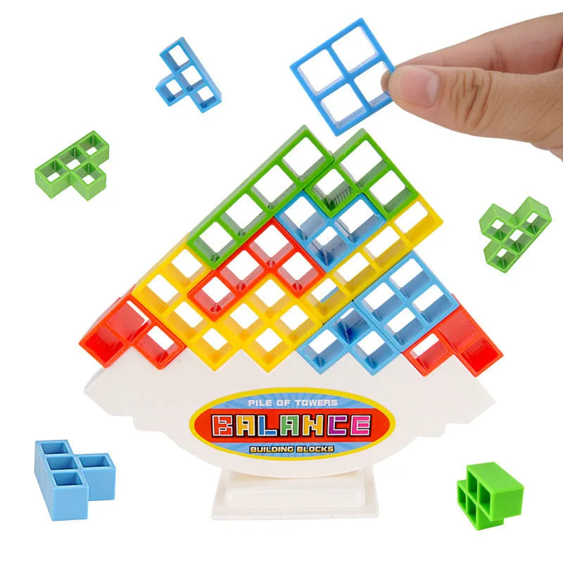 Plastic balance stacking tower game with coloured blocks on a base for kids and adults