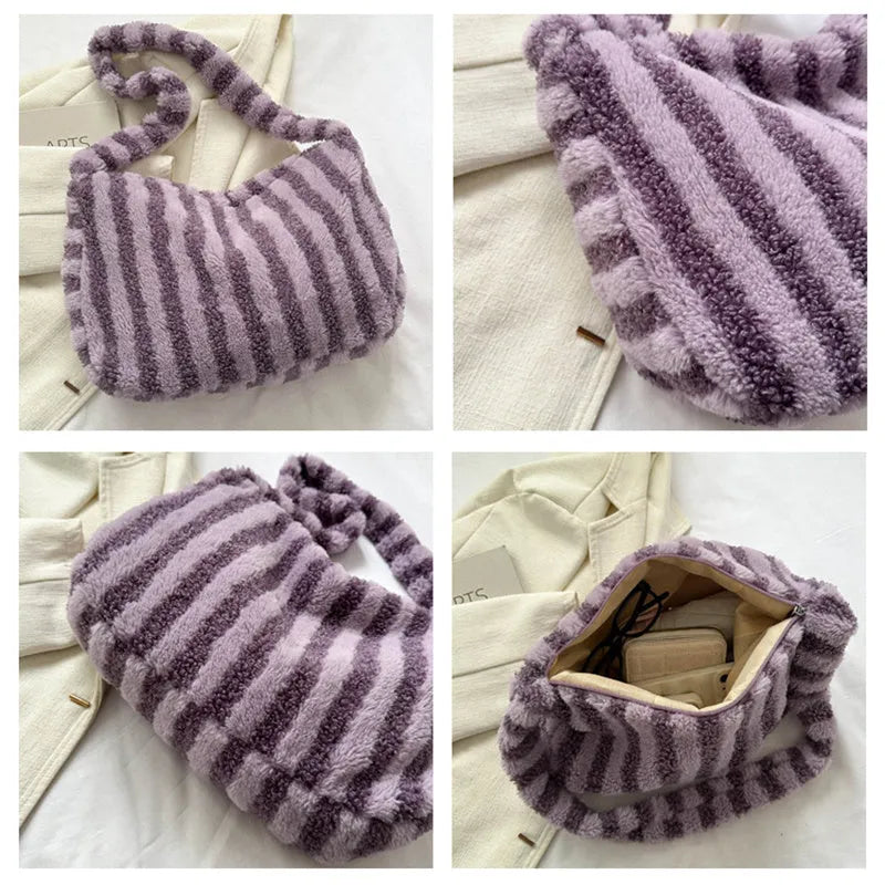Large striped plush tote bag for women in black, green, orange, purple, or white, portable shoulder handbag.