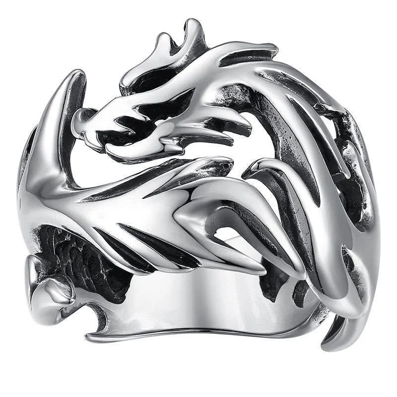 Adjustable Chinese dragon pattern ring in antique silver blue and green with luminous design