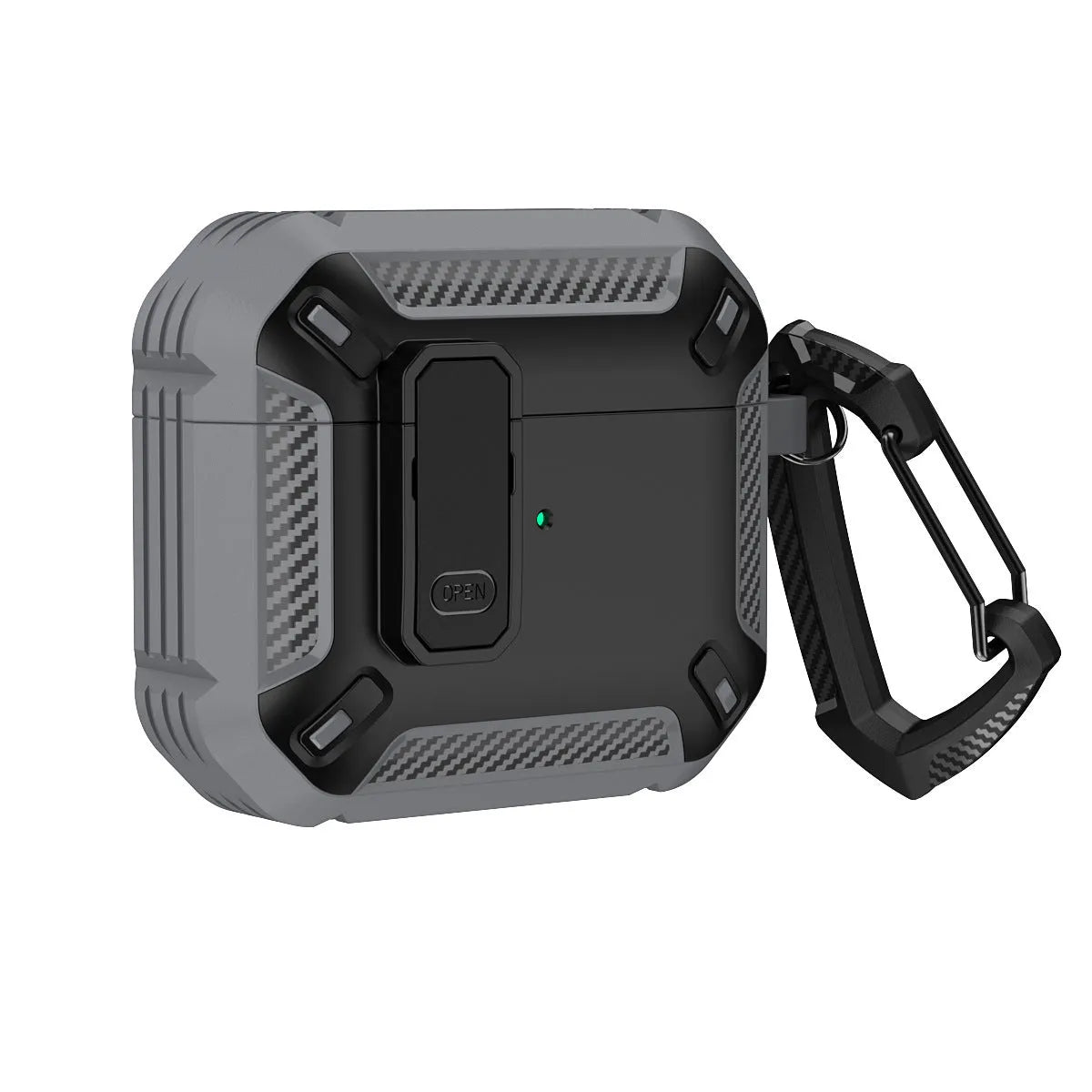 AirPods plastic clamshell protective case in a two-colour design with an attached metal carrying hook