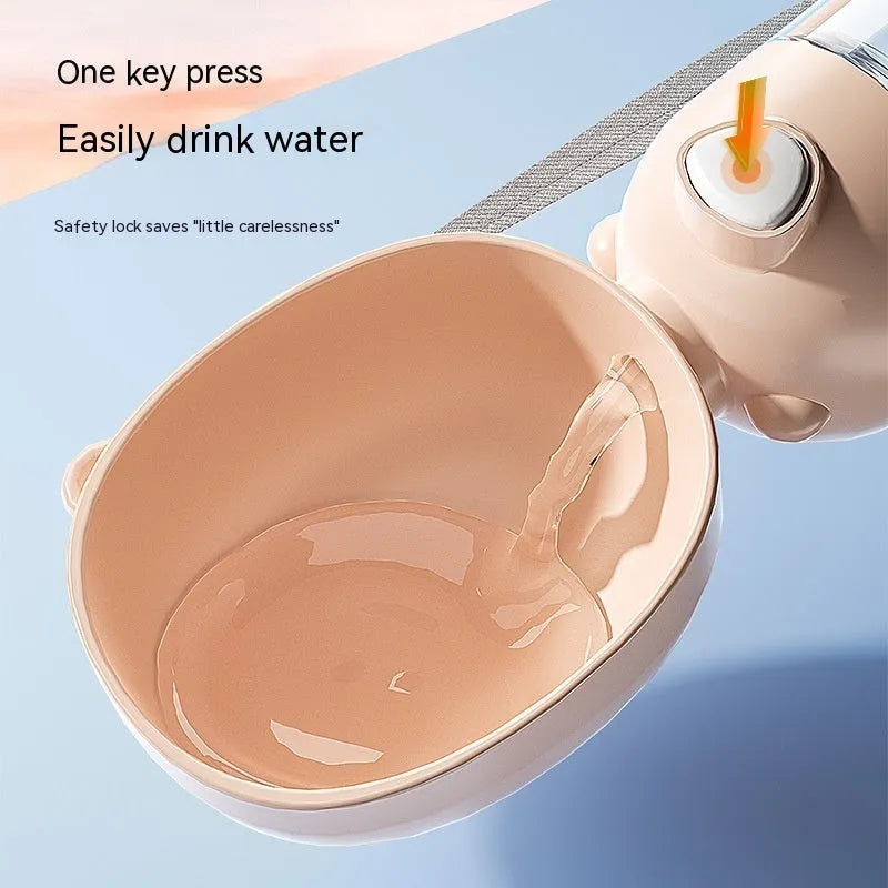 Portable dog water bottle and food container for outdoor pet travel in brown pink yellow colour options