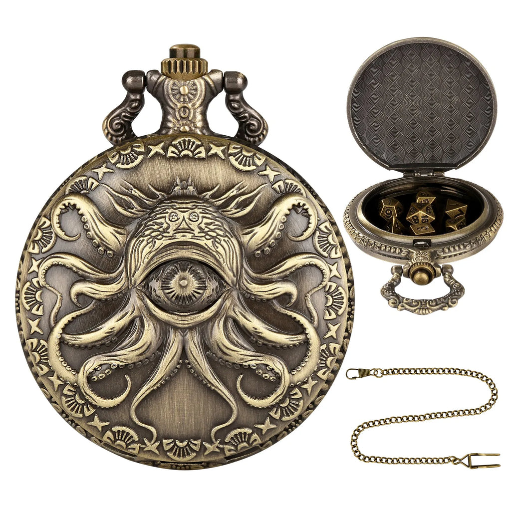 Steampunk cyclops octopus dice set in bronze finish inside metal storage box