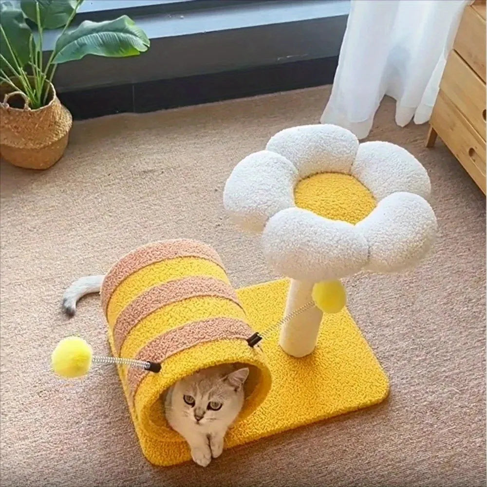 Yellow sisal cat scratching board with climbing frame and integrated tunnel, measuring 46cm by 36cm by 25cm