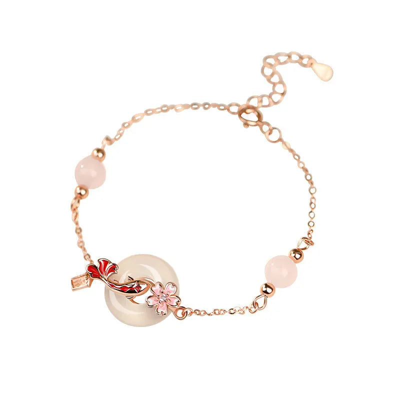 S925 sterling silver adjustable bracelet with white chalcedony crystal beads and koi design