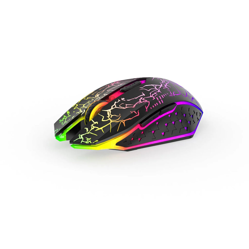 Black and white wireless gaming mouse with RGB lighting, shown with charging cable