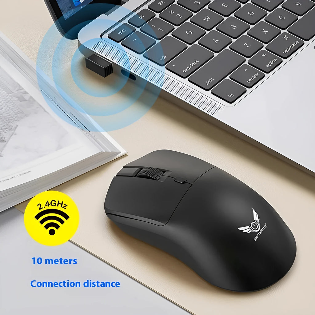 Black wireless mouse with three programmable audio buttons for laptop computers