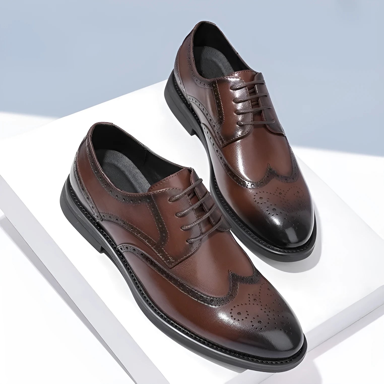Men's black and brown brogue shoes with traditional perforated patterns, business style with PU leather upper