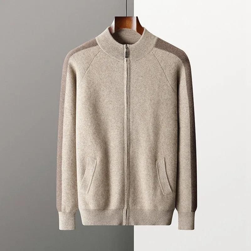 Men's thickened cashmere blend half turtleneck zipper cardigan suit in navy grey and camel winter leisure set