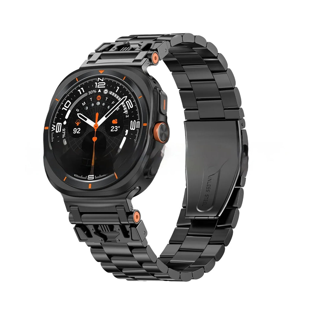 Three steel band armor metal watch strap for Samsung in Black, Silver, and Starlight colours