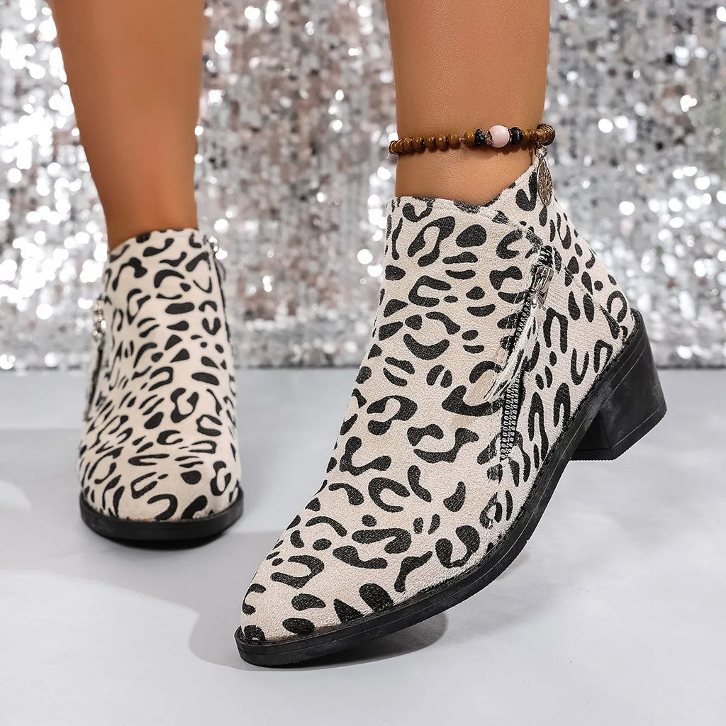 Ladies chunky heel ankle boots large size pointed toe leopard print block heel cotton upper side zipper