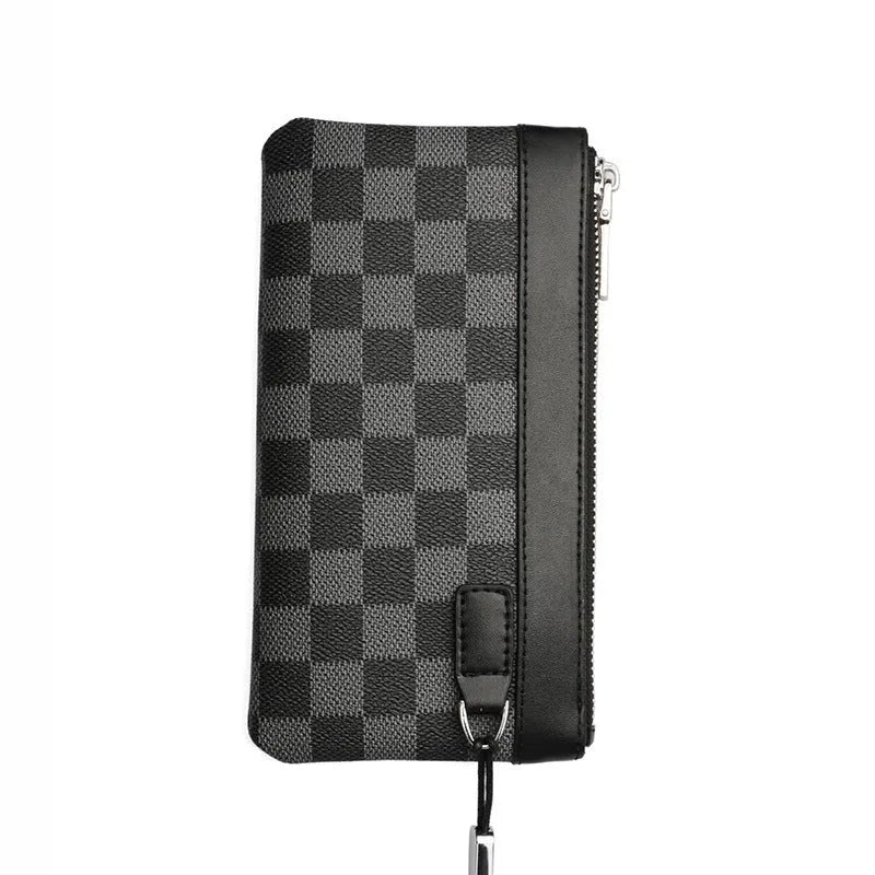 Men's black genuine leather clutch wallet showing front pocket profile and interior polyester lining