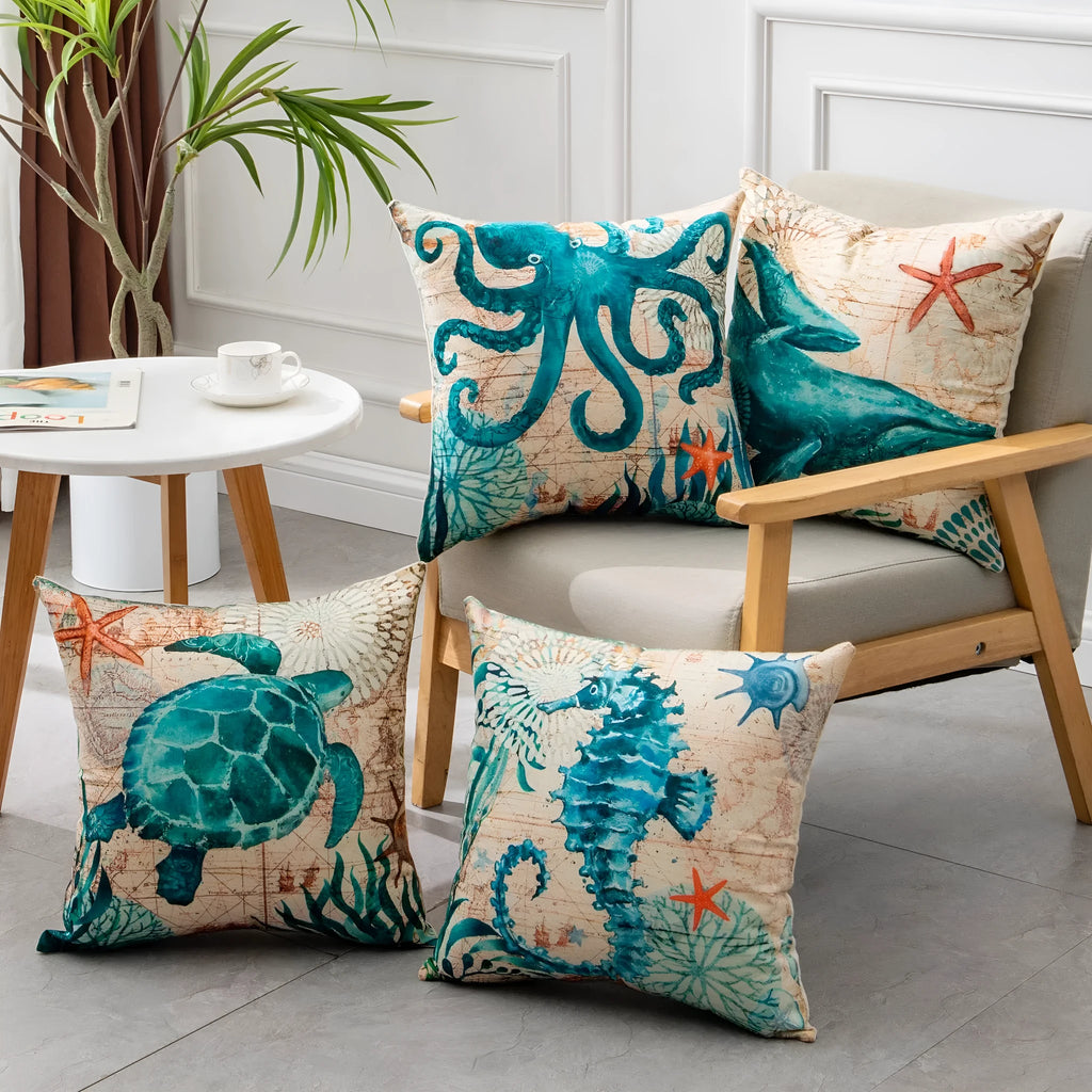 45cm square linen cushion cover with sea turtle pattern and invisible zipper