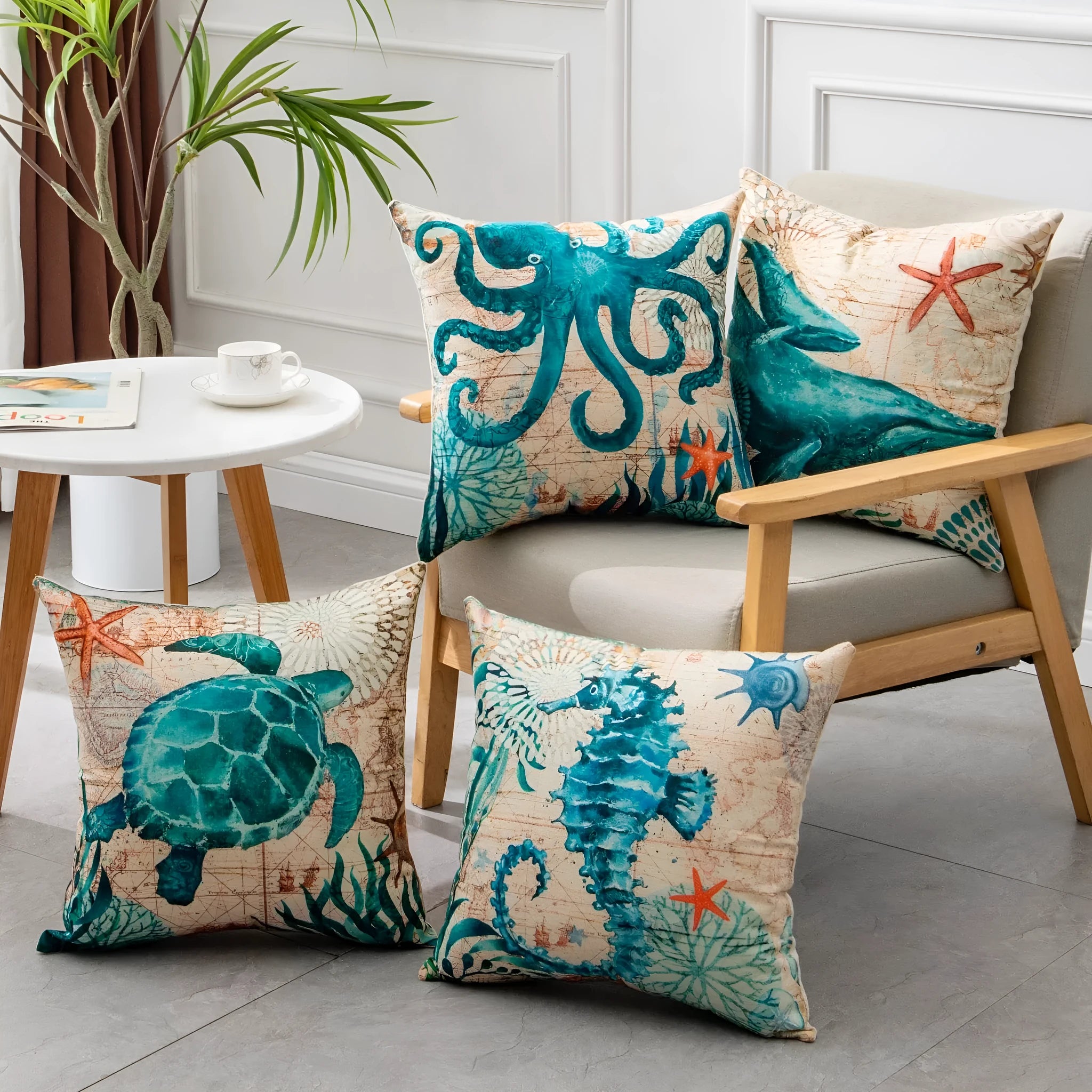 45cm square linen cushion cover with sea turtle pattern and invisible zipper