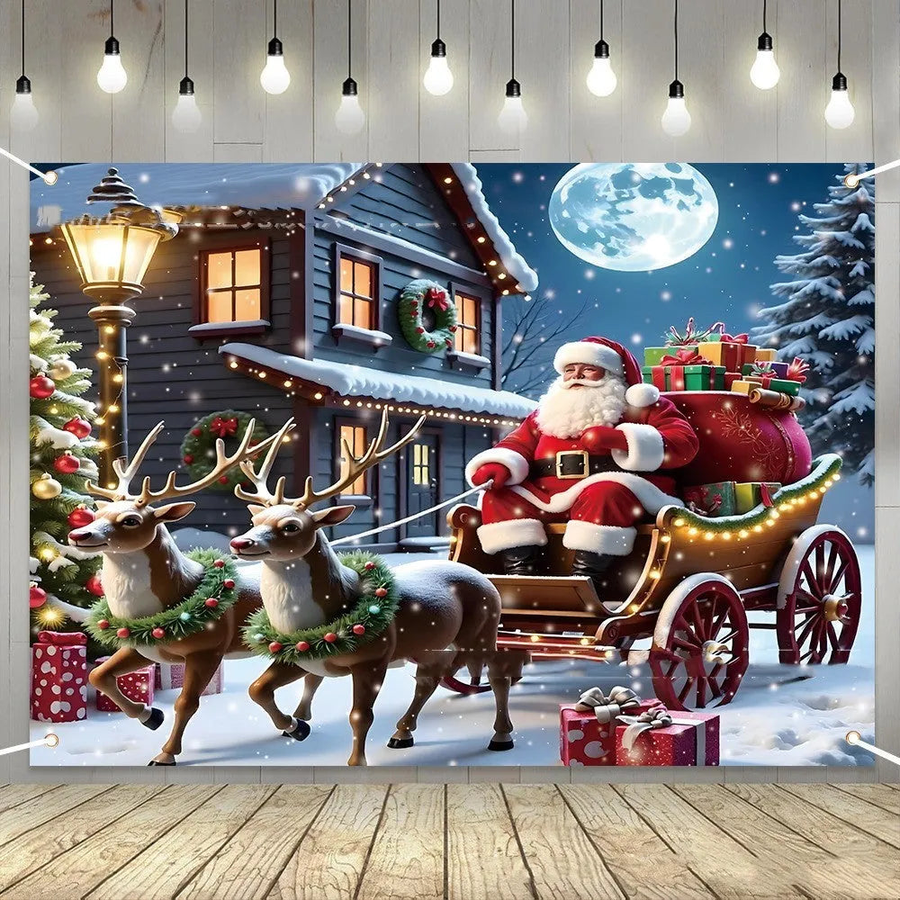 Christmas banner with Santa Claus design and night gift theme, 210 cm wide by 150 cm high