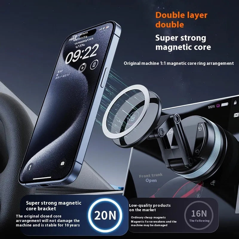 Black magnetic car phone holder with suction cup base, PC ABS, folding and regular options