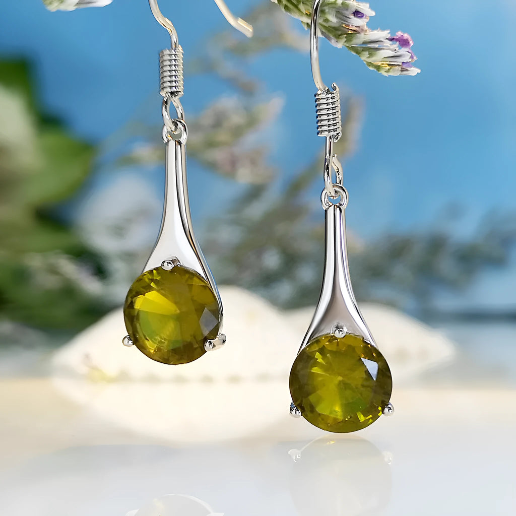 Olive green topaz drop shape earrings with minimalist design and electroplated finish