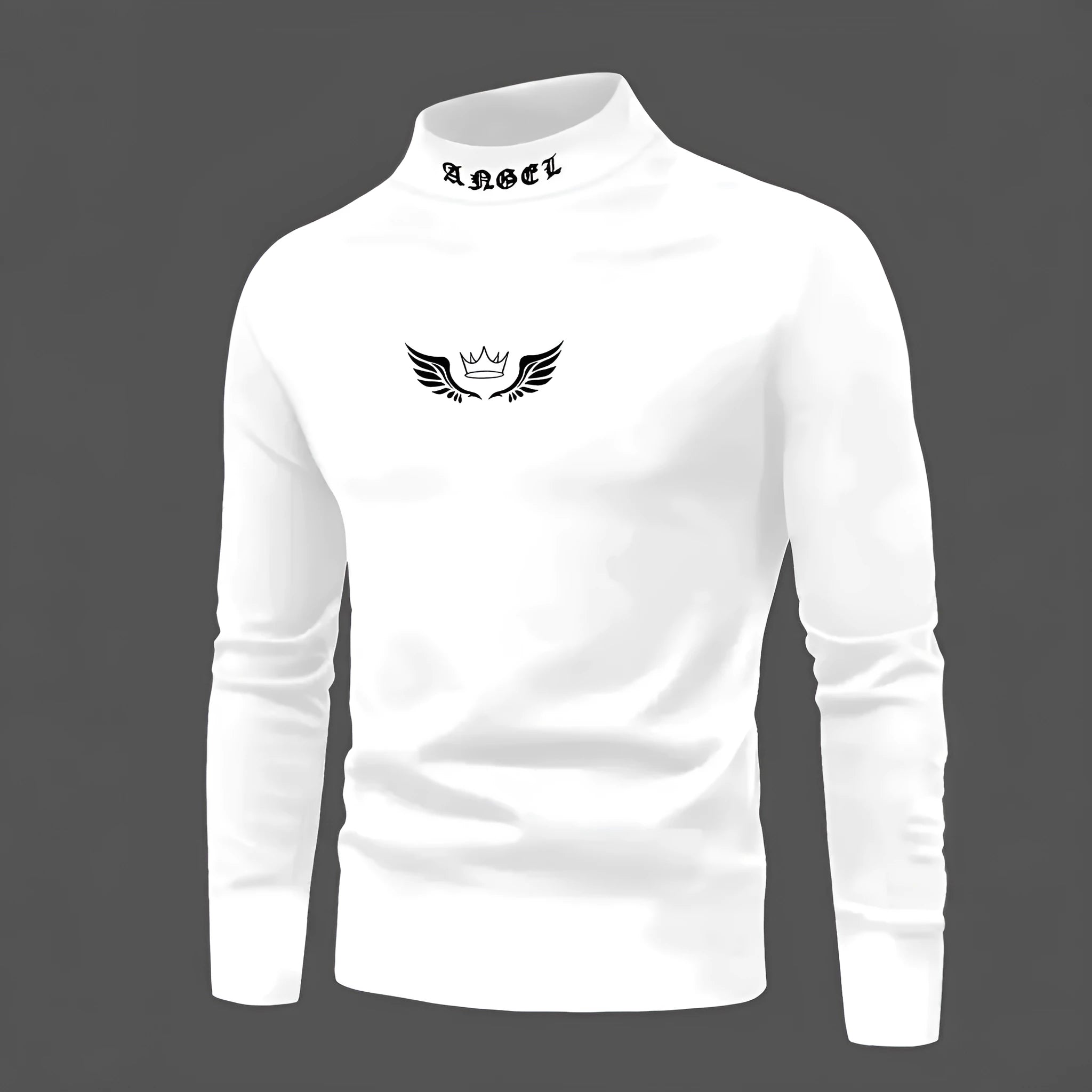 White women's crown print high neck long sleeve slim fit pullover top on casual background