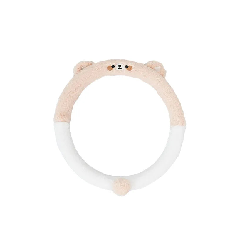 Plush rabbit fur steering wheel cover with embroidered cartoon animal design for winter thermal comfort