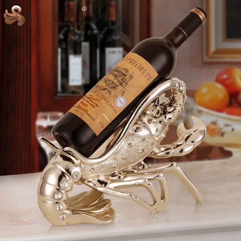 Lobster-shaped wine rack ornament in rose gold or silver holding a wine bottle