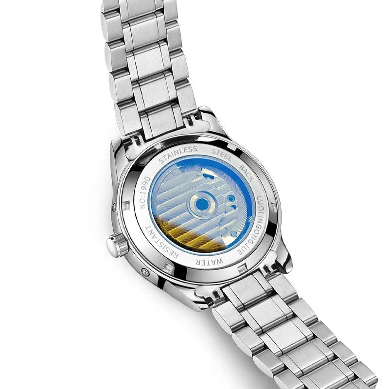 Men's stainless steel mechanical business watch with sapphire glass and genuine leather strap