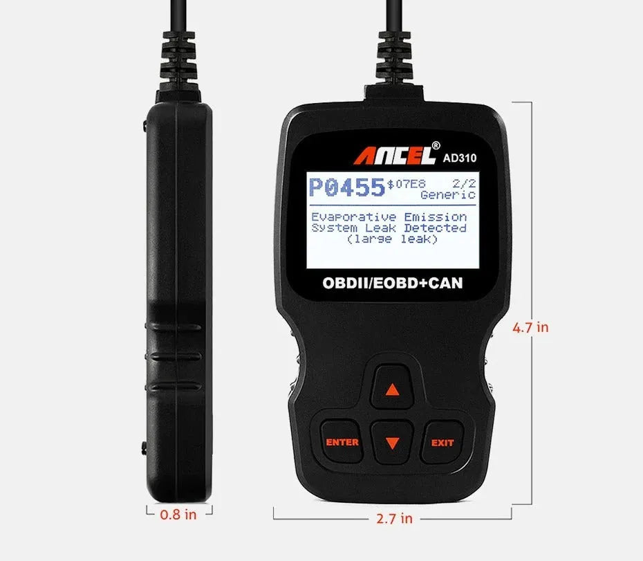 Black universal OBD2 car diagnostic code reader and instruction manual for engine fault detection.