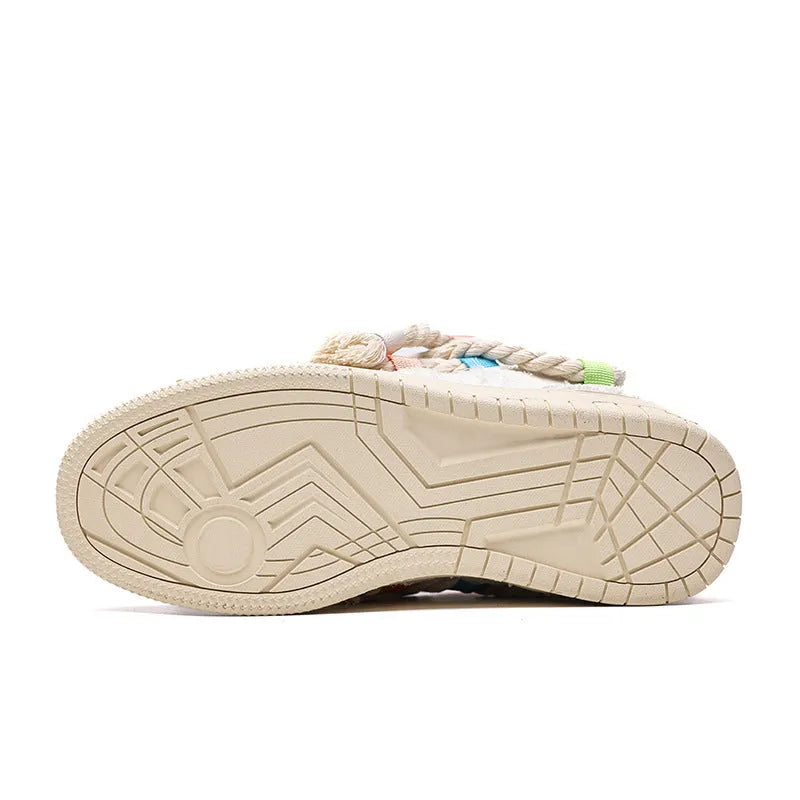 Creamy white retro skate shoes with candy-colour stitching and low platform heel